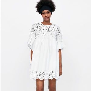 Zara white eyelet pom-pom bell sleeve dress XS